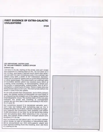 Logs page (2124): First Evidence of Extra-Galactic Civilizations — the inert extra-galactic probe recovered by the USS Greyhound.