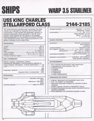 USS King Charles (Stellarford Class) specification sheet, with cutaway plan of the warp 3.5 starliner.