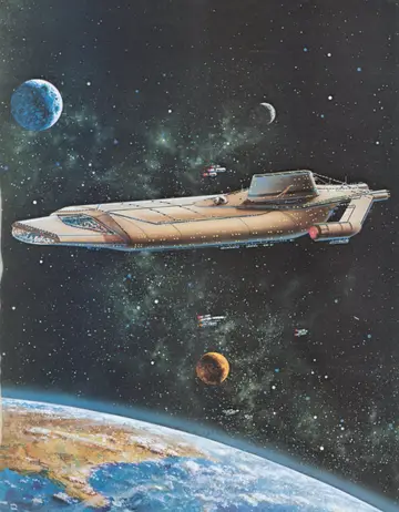 Full-page color painting of the USS King Charles, a Stellarford Class luxury starliner, cruising above a blue world amid escort craft and planets.