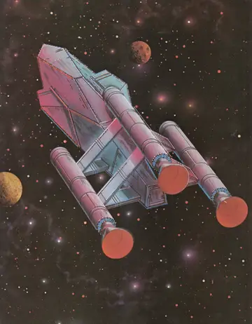 Full-page color painting of the USS Tritium, the ill-fated three-nacelle warp 4 cruiser, against a star field with nearby planets.