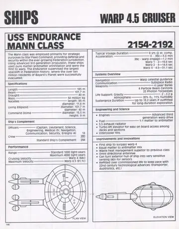 USS Endurance (Mann Class) specification sheet, with plan view and elevation view of the warp 4.5 cruiser.
