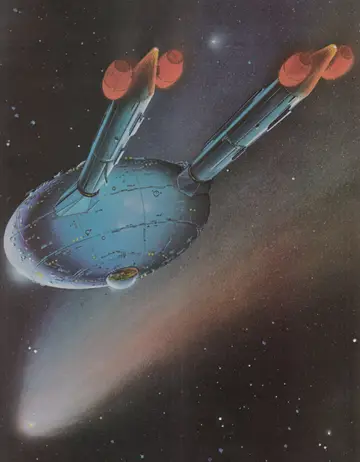Full-page color painting of the USS Endurance, a Mann Class warp 4.5 cruiser, flying past a bright comet against a star field.
