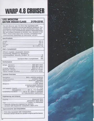 USS Moscow (Baton Rouge Class) specification sheet for the warp 4.8 cruiser, set against an image of a blue planet.