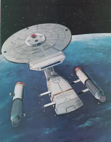 Full-page color painting of the USS Moscow, a Baton Rouge Class ship with separated saucer and twin engine modules, in orbit above a blue-white world.