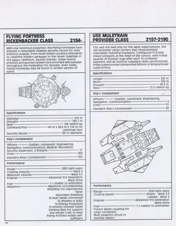 Specification sheets for the Flying Fortress (Rickenbacker Class) armored cargo ship and the USS Muletrain (Provider Class) superconvoy lead ship, with line drawings of each.