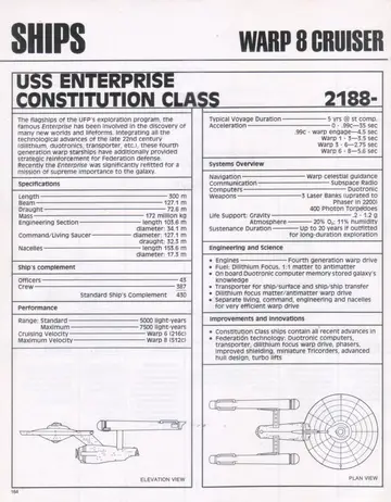 USS Enterprise (Constitution Class) Warp 8 Cruiser specification sheet, with elevation and plan views of the NCC-1701.