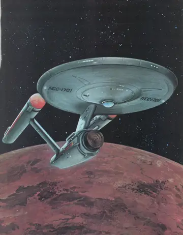 Full-page color painting of the USS Enterprise NCC-1701 (Constitution Class) banking above a reddish planet against a star field.