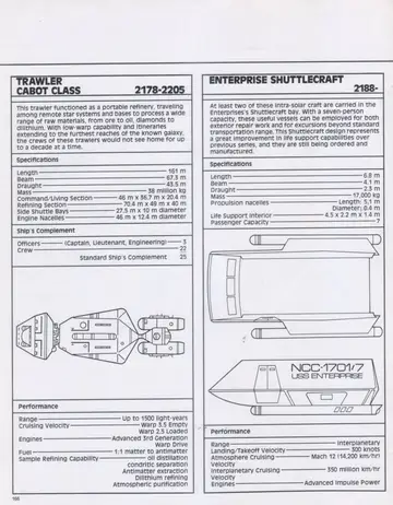 Specification sheets for the Trawler-Cabot Class portable refinery and the seven-person Enterprise Shuttlecraft (NCC-1701/7), with line drawings of each.
