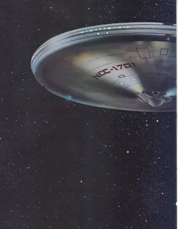 Full-bleed color painting of the uprated USS Enterprise NCC-1701 (Constitution II Class) against a star field, viewed beneath the saucer (left half of a two-page spread).