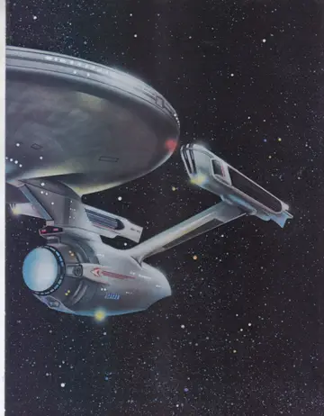 Full-bleed color painting of the uprated USS Enterprise NCC-1701, three-quarter view showing the redesigned secondary hull, deflector dish and nacelles (right half of the spread).