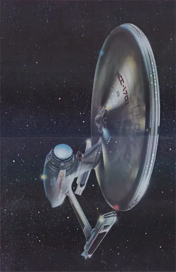 Full-page color painting of the uprated USS Enterprise NCC-1701 banking through a star field.