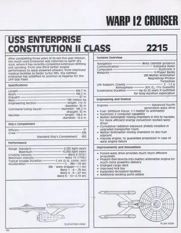 USS Enterprise Constitution II Class “Warp 12 Cruiser” specification data sheet, with elevation and plan views of the uprated NCC-1701.