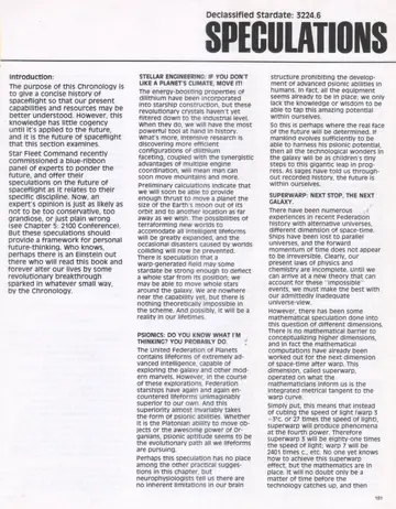 “SPECULATIONS” title spread (Declassified Stardate: 3224.6) opening the future-speculations essays.