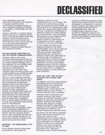 “DECLASSIFIED” text spread continuing the essays on communications, weaponry and shape-changing starships.