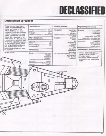 Declassified SF 102SW specification data sheet (“DECLASSIFIED” header) with a plan view of the wedge-shaped SuperWarp vessel.
