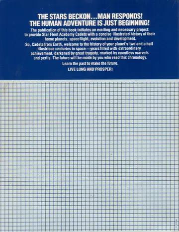 Closing inscription: "The Stars Beckon...Man Responds! The Human Adventure is Just Beginning!"—a final address to Star Fleet Academy Cadets ending "Live Long and Prosper!" set over a graph-paper field.