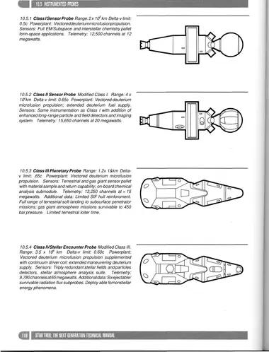 Class I Sensor Probe Range: 2 x 105 km Delta-v limit: 0.5c Powerplant: Vectored deuterium microfusion propulsion. Sensors: Full EM/Subspace and interstellar chemistry pallet for in-space applications. Telemetry: 12,500 channels at 12 megawatts.