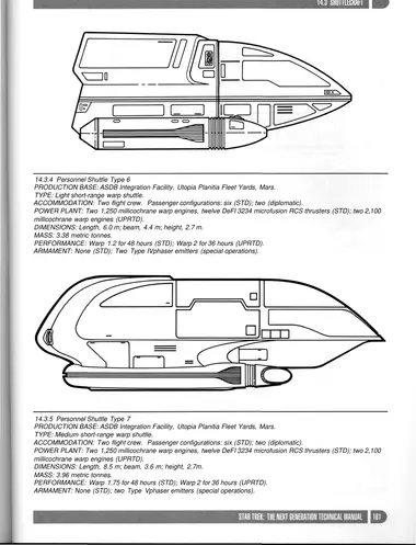 Personnel Shuttle Type 6 PRODUCTION BASE: ASDB Integration Facility, Utopia Planitia Fleet Yards, Mars. TYPE: Light short-range warp shuttle. ACCOMMODATION: Two flight crew. Passenger configurations: six (STD); two (diplomatic).