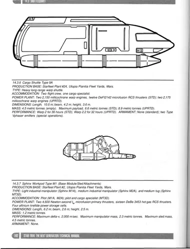 Cargo Shuttle Type 9A PRODUCTION BASE: Starfleet Plant #24, Utopia Pianitia Fleet Yards, Mars. TYPE: Heavy long-range warp shuttle. ACCOMMODATION: Two flight crew, one cargo specialist. POWER PLANT: Two 2,150 millicochrane warp engines, twelve DeFI2142 microfusion RCS thrusters (STD); two 2,175 millicochrane warp engines (UPRTD). DIMENSIONS: Length, 10.5 m; beam, 4.2 m; height, 3.6 m. MASS: 4.5 metric tonnes (empty). Maximum payload, 6.6 metric tonnes (STD); 8.9 metric tonnes (UPRTD). PERFORMANCE: Warp 2 for 36 hours (STD); Warp 2.2 for 32 hours (UPRTD). ARMAMENT: None (standard); two Type