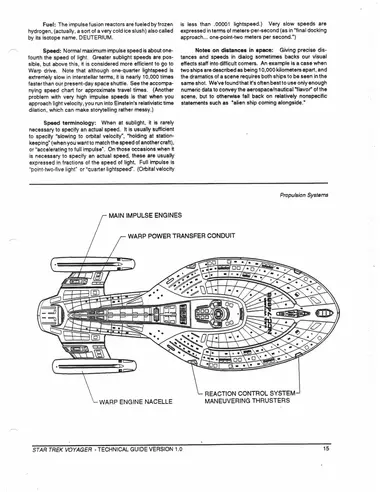 Propulsion Systems -- Main Impulse Engines, Warp Power Transfer Conduit, Warp Engine Nacelle, and Reaction Control System Maneuvering Thrusters