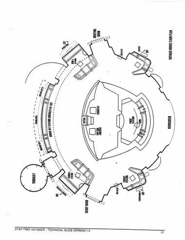 Voyager Bridge Floor Plan -- full-page layout showing Captain Janeway and Chakotay’s command chairs, Tactical, Paris’ Station, Conn, Kim’s Station (Operations), Tuvok’s Station (Security/Tactical), Torres’ Station (Engineering), Science, Mission Ops I and II, the aft station consoles, viewscreen, turbolift, ready room, and briefing room