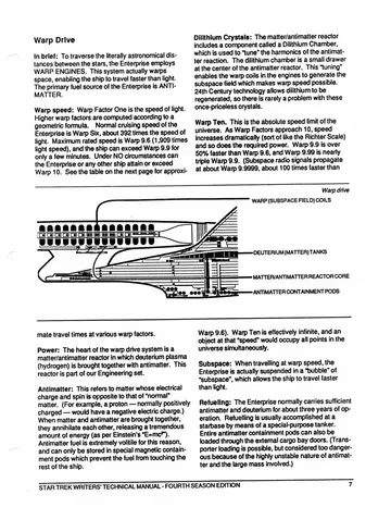 Warp drive &mdash; cutaway diagram of the warp propulsion system with callouts: Warp (Subspace Field) Coils, Deuterium (Matter) Tanks, Matter/Antimatter Reactor Core, and Antimatter Containment Pods.