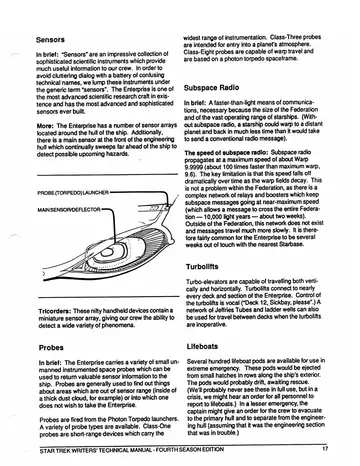 Main Sensor/Deflector and Probe/Torpedo Launcher &mdash; diagram of the engineering hull identifying the main sensor/deflector dish and the probe/torpedo launcher.