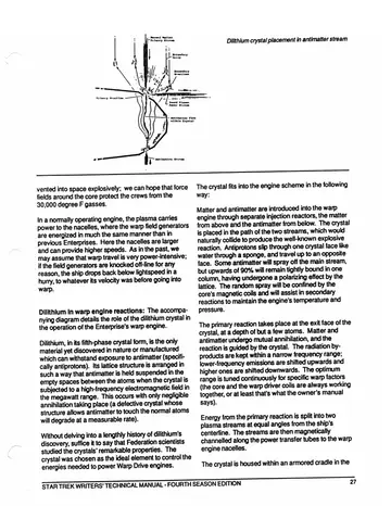 Dilithium crystal placement in antimatter stream &mdash; diagram of the crystal positioned where the matter and antimatter streams meet, with the primary reaction channelled to the warp engines.