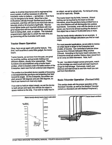 Rick's handy-dandy tractor beam calculator &mdash; nomograph-style chart relating object tonnage to maximum tractor-beam pulling distance.