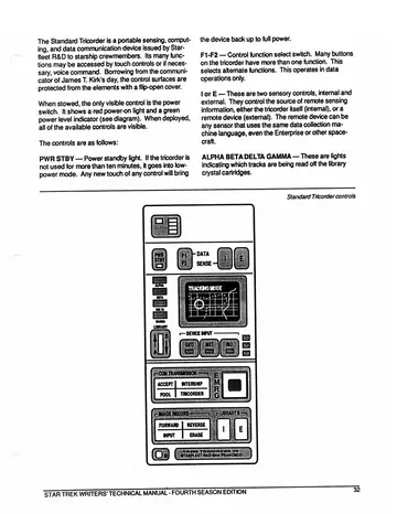 Standard Tricorder controls &mdash; labeled diagram of the open tricorder showing the data mode, sensor input, tracking menu, display screen, communications, image record, and library controls.