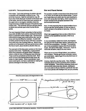What the camera sees at 50-degree field-of-view &mdash; drawing showing a planet subtending roughly 18 degrees in a 50-degree field of view, with geosynchronous orbit at about 22,300 miles on Earth indicated.