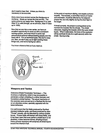 Defensive shield penetration &mdash; diagram of a photon torpedo and phaser bolt converging on a target's dimpled deflector shield.